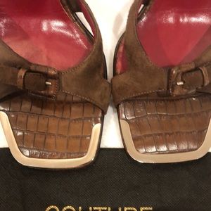 Donald J Pliner brown heels with chris-cross suede straps and croc print 7 1/2 M